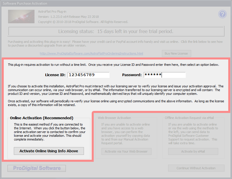 Online Activation portion of the Software Purchase Activation dialog