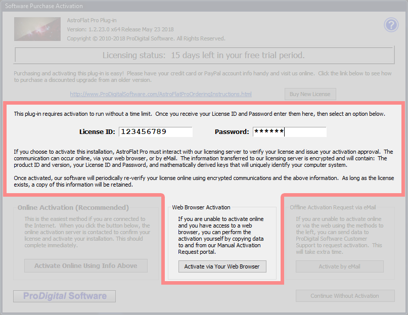 Web Browser Activation section of the Software Purchase Activation dialog