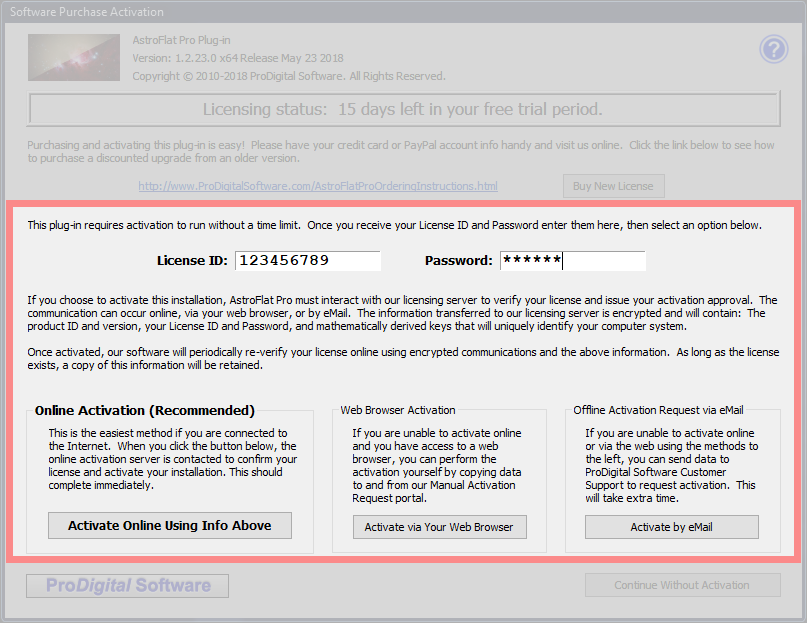 Software Purchase Activation Dialog