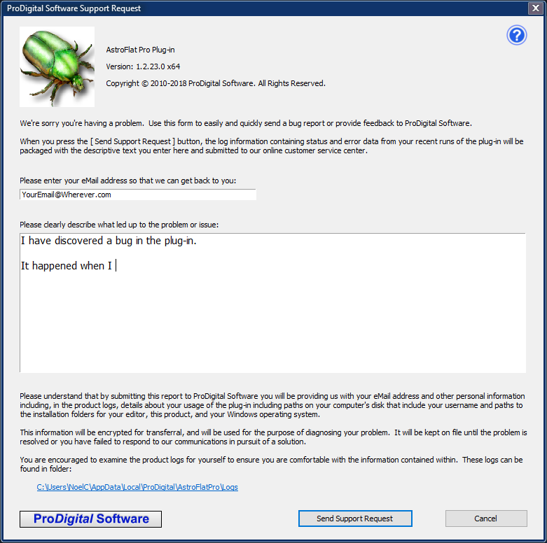 The plug-in's Support Request dialog