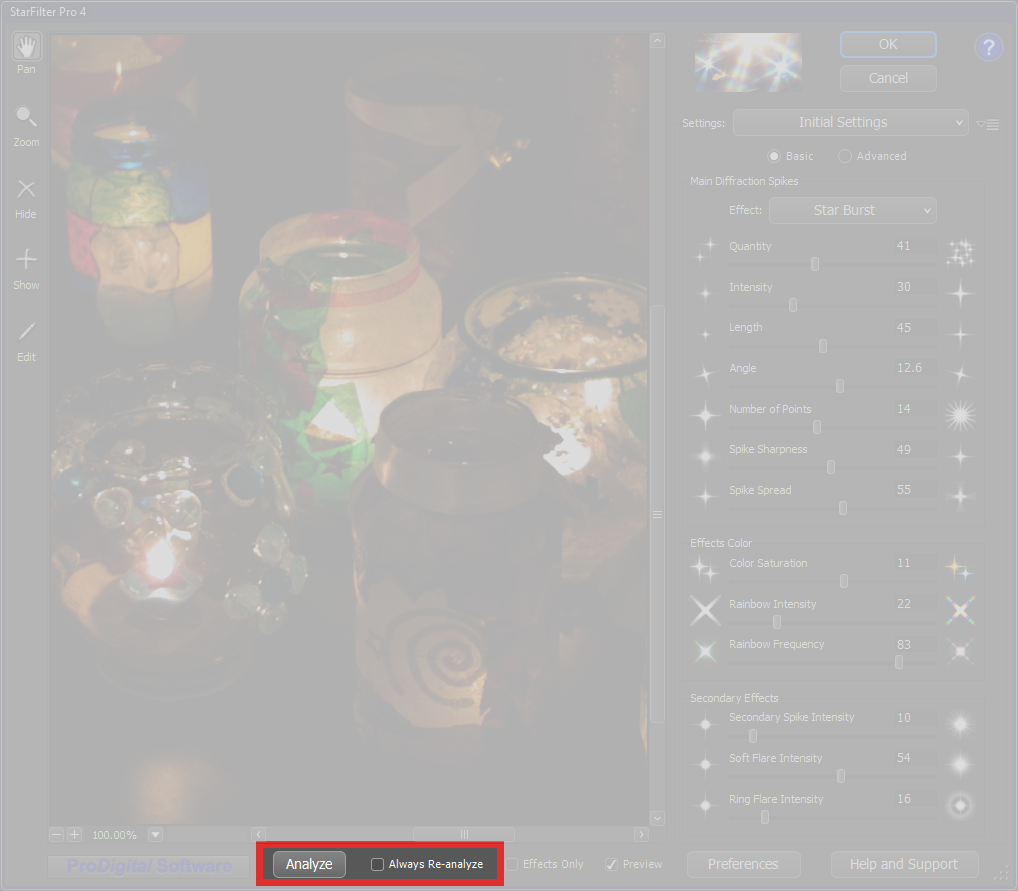 Controls that can be used manage the analysis of highlights