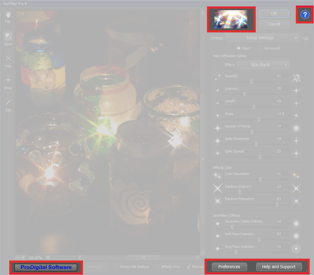 Controls that can be used to configure the plug-in and get more information
