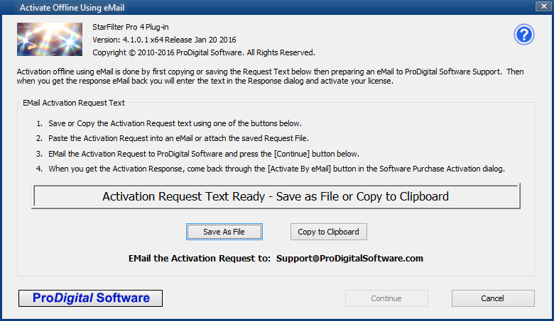 Activate Offline Using eMail dialog