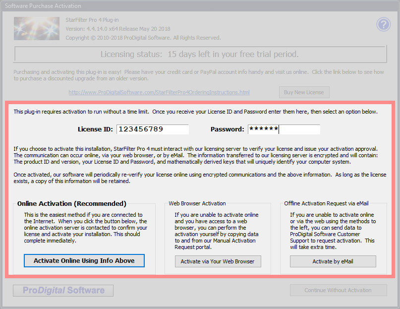 Software Purchase Activation Dialog