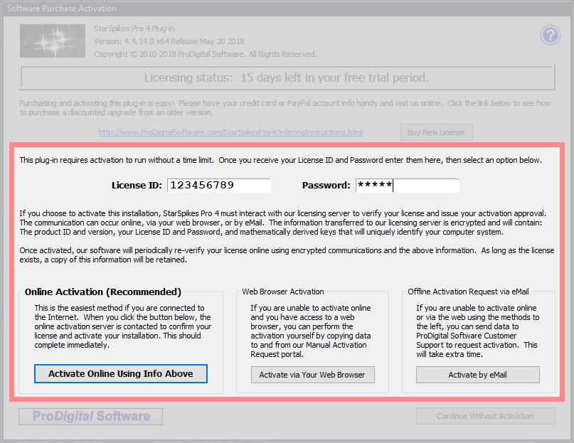 Software Purchase Activation Dialog